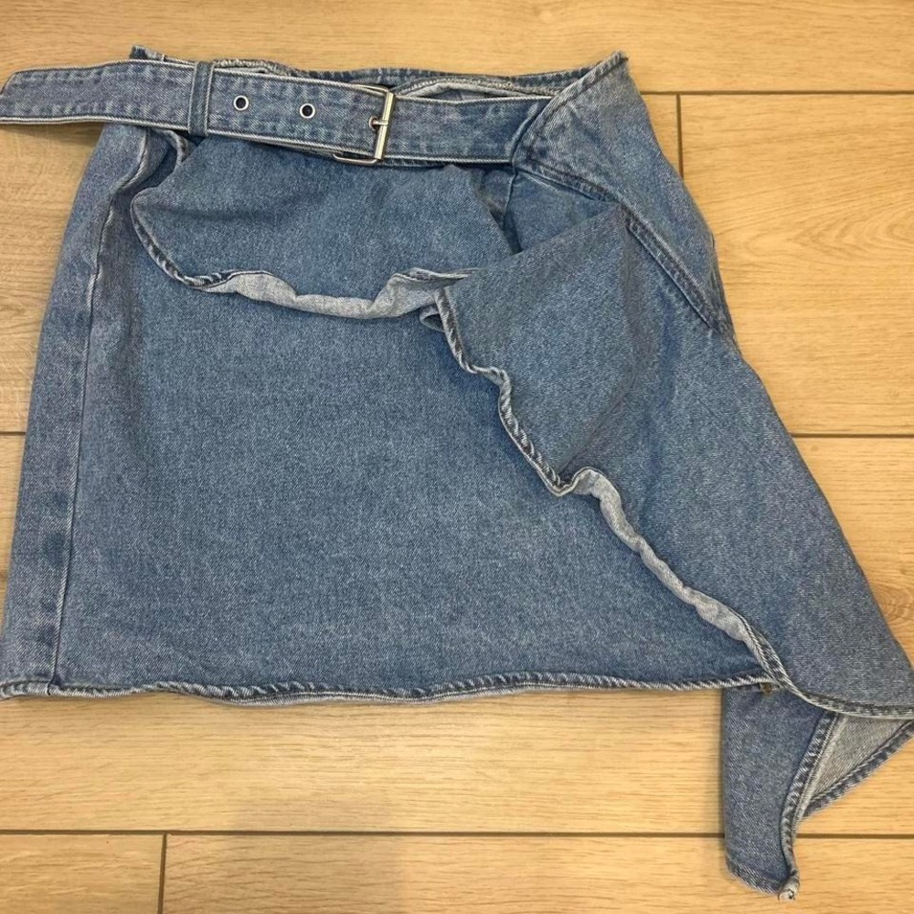 Y2K Forever 21 Womens Blue Denim‎ Asymmetrical Ruffle Belted Mini Skirt Size S